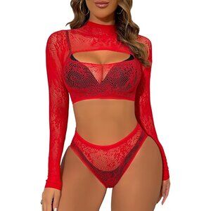 Women's Red Lingerie Imported Front Open Bodysuit Sexy Nightwear Pajamas Set